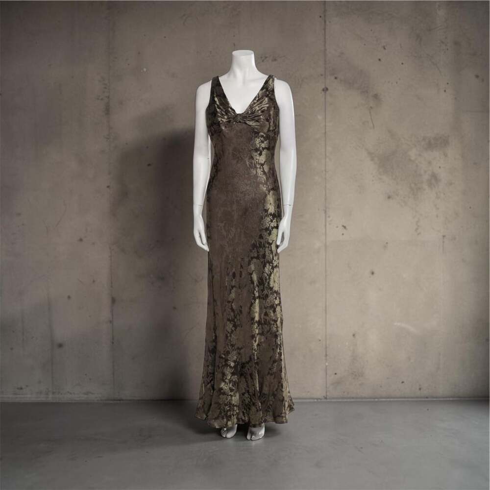 NEW Carmen Marc Valvo 8-10 Evening Gown Silky Dress Olive Taupe Mermaid Fishtail